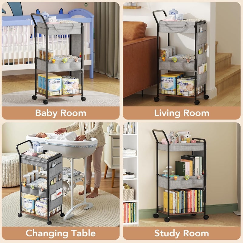 BBLIKE 3-Tier Diaper Caddy Organizer - Rolling Utility Baby Cart with Basket and Side Pockets for Nursery and Baby Essentials, Multi-Function Cart for Bedroom and Bathroom,Gray - Image 4